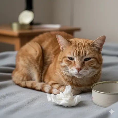 Un chat roux et tigré, l'air fatigué et légèrement abattu, est couché sur une couverture grise. Il a les yeux mi-clos, un peu larmoyants, et semble malade ou faible. Une boîte de nourriture à peine touchée et un mouchoir froissé sont près de lui.