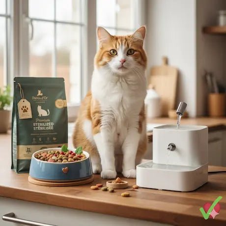 Chat stérilisé, croquettes Pattes d'Or et fontaine à eau pour une alimentation adaptée.