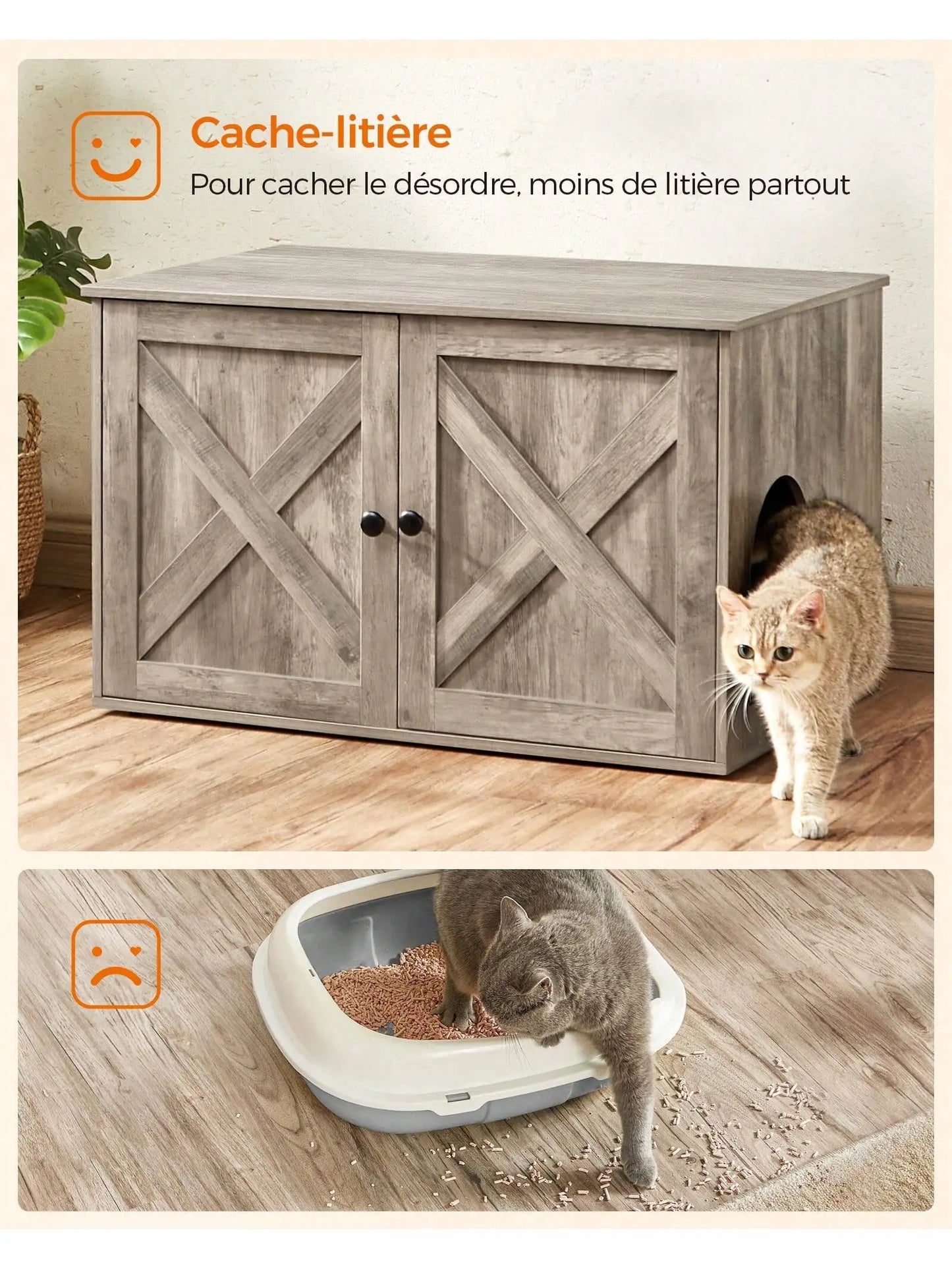 Cache litière chat anti-odeur style grange : moins de litière partout !