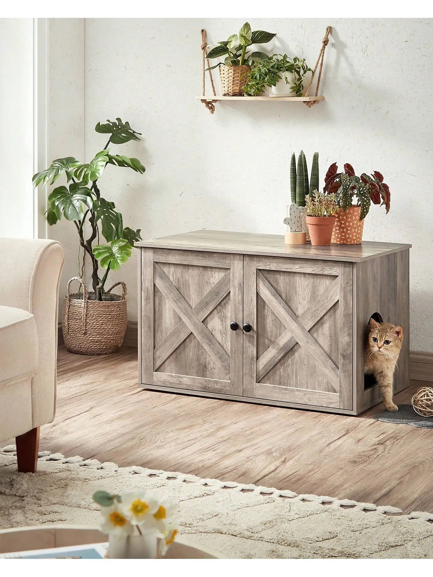 Cache litière chat style grange gris chiné avec chat