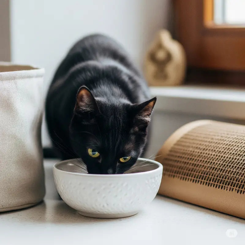 Chat noir buvant dans une élégante gamelle blanche texturée, entouré d'accessoires design dans un intérieur chaleureux et minimaliste