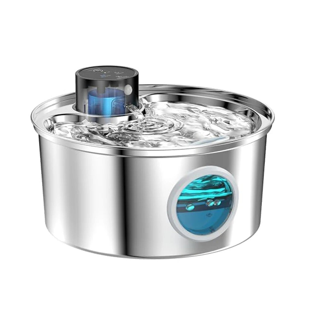 Distributeur d’eau sans fil pour chat, design en acier inoxydable, idéal pour une hydratation optimale.