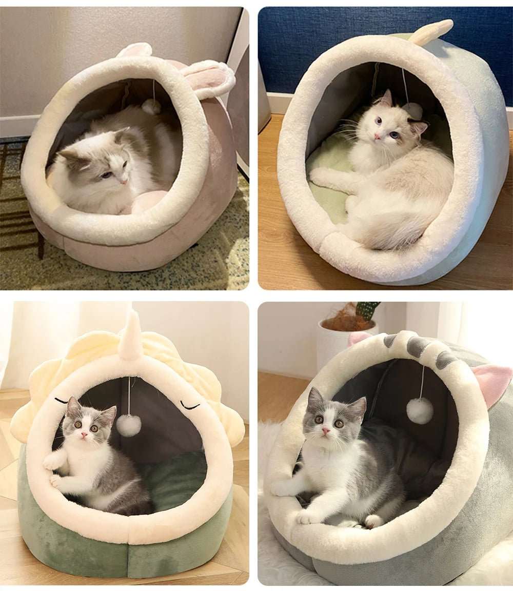 Dodo confortable pour chat avec pompon : niche grise et rose