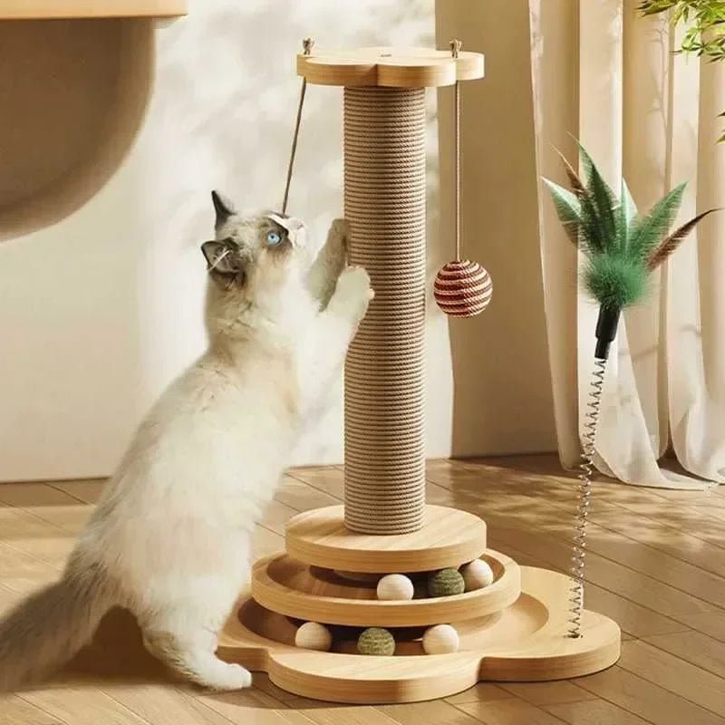Griffoir pour chat en bois avec toupie interactive et jouets