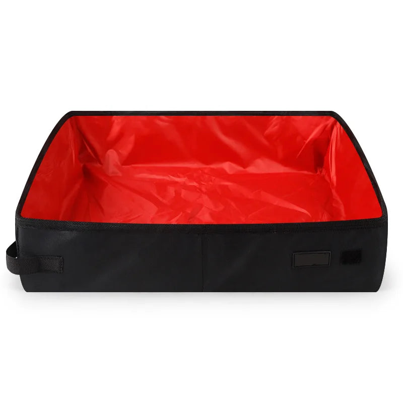 Litière pliable compacte pour chat, noire avec intérieur rouge