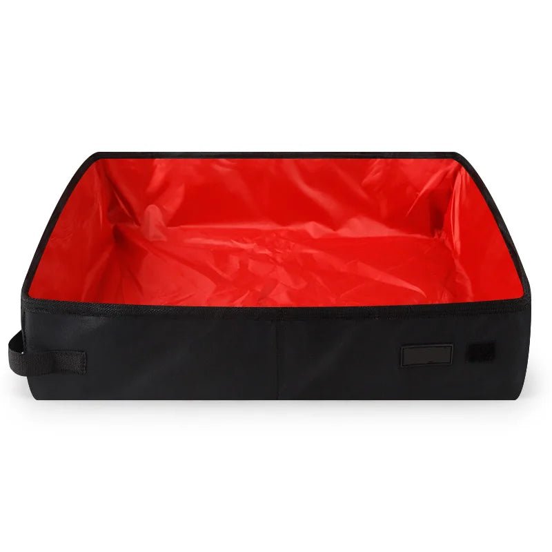 Litière pliable compacte pour chat, noire avec intérieur rouge