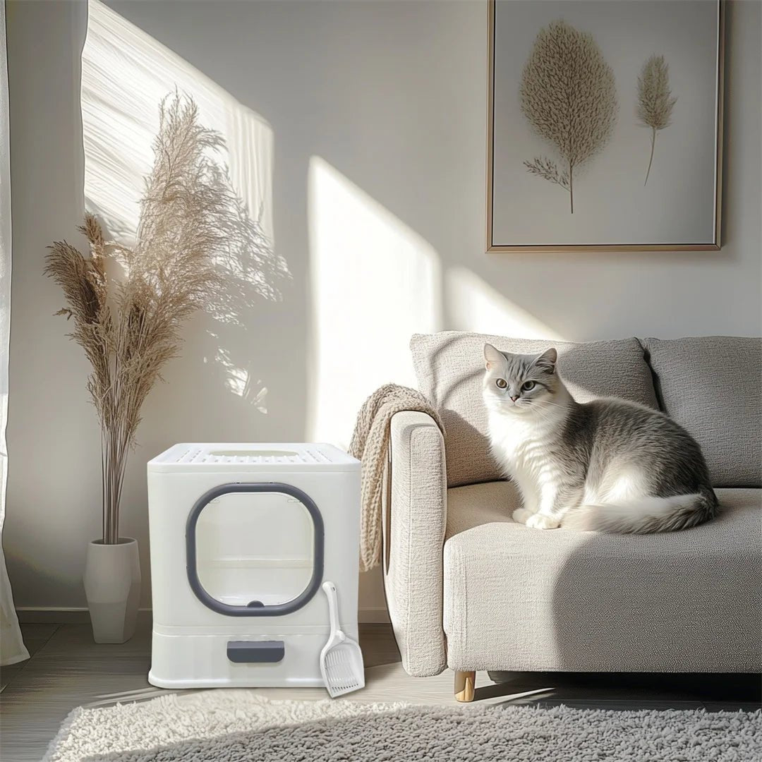 Litière chat design avec tiroir, chaton regardant hors du tiroir.