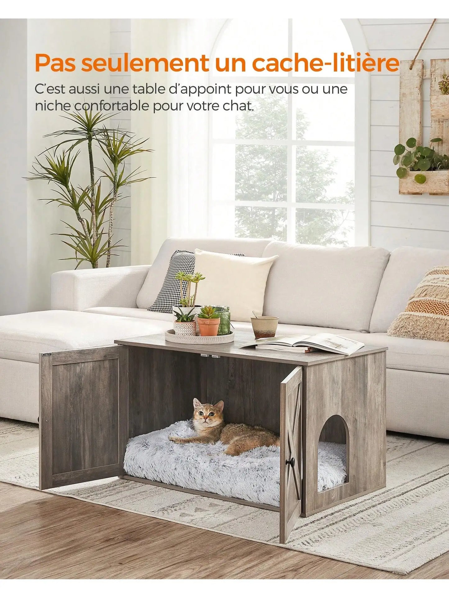 Meuble cache litière chat gris et chat : solution design pour litière discrète