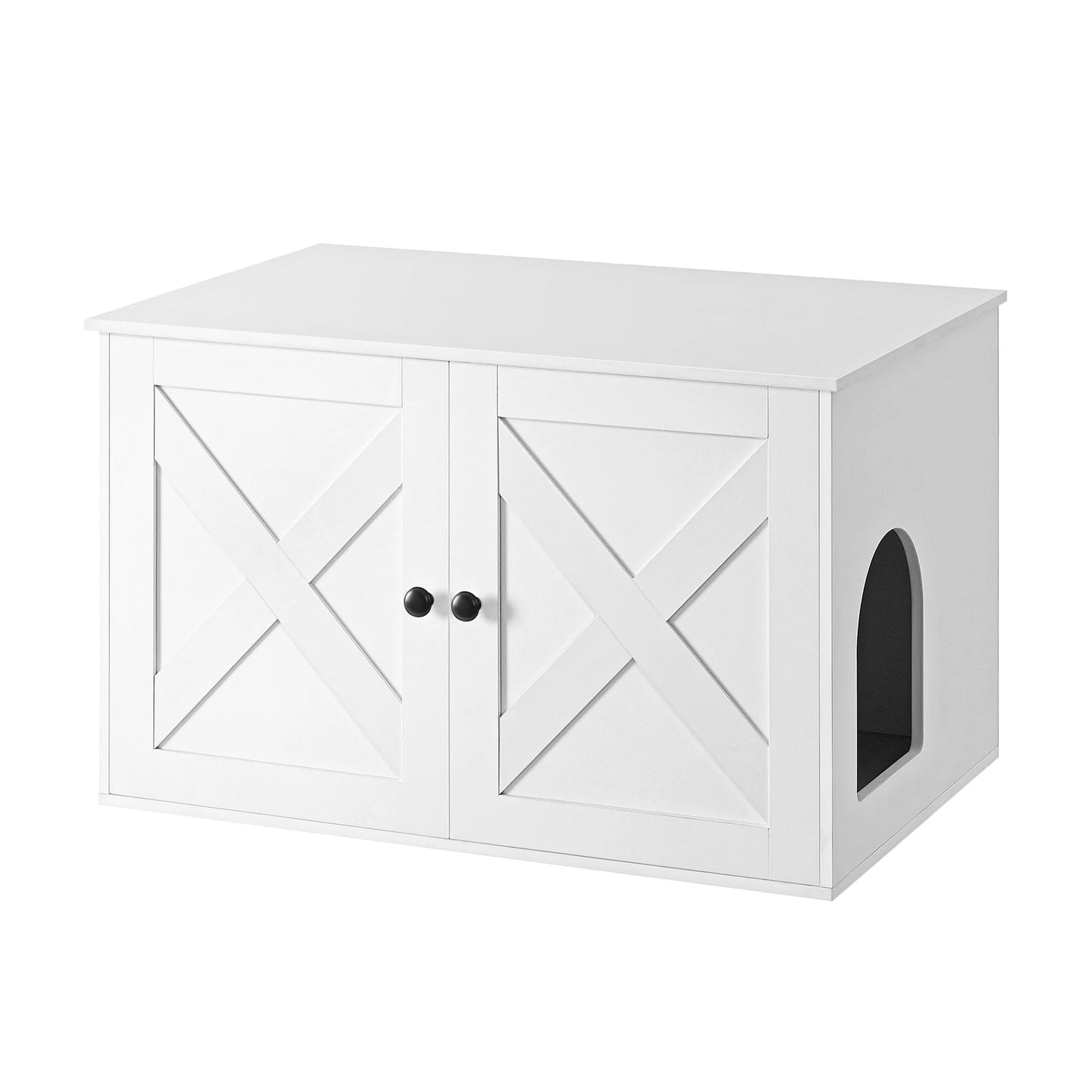 Meuble litière chat gris avec porte style grange : cache la litière et décore votre intérieur