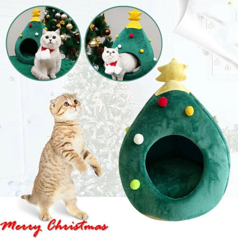 Nid douillet sapin de Noël pour chat, ambiance festive
