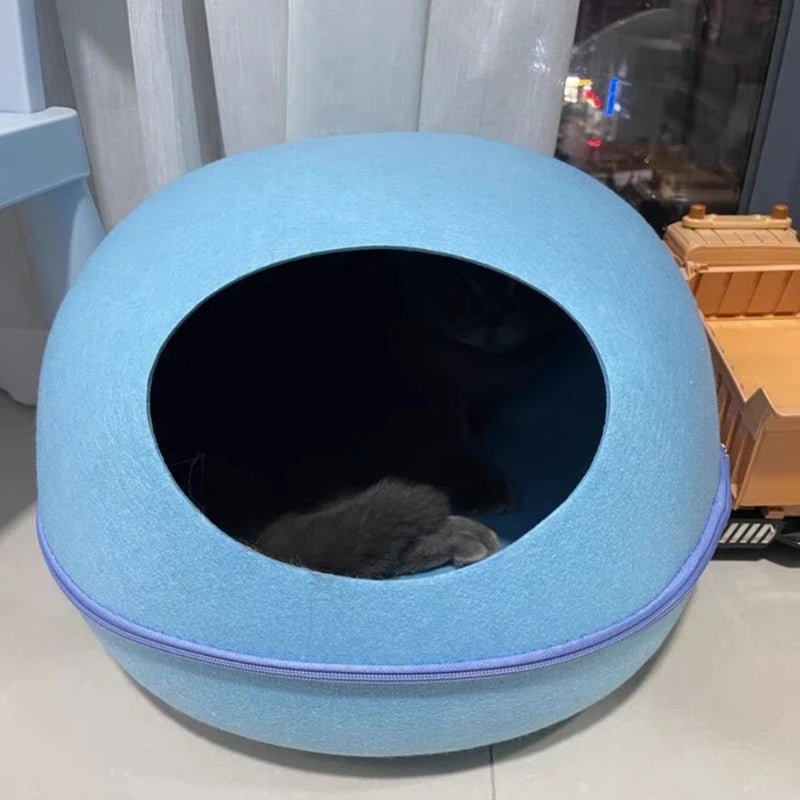 Panier pour chat bleu avec fermeture éclair, idéal pour un nettoyage facile, chat regardant.