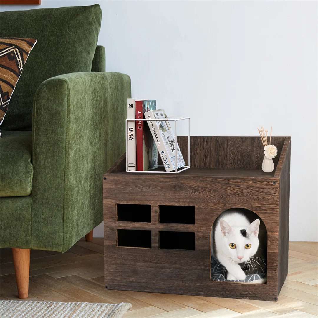 Meuble chat en bois : maison de repos confortable avec fenĂȘtre et coussin.