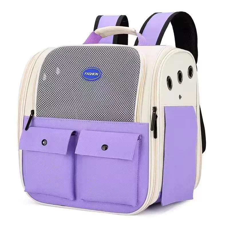 Sac à dos chat violet avec ventilation optimale pour un transport confortable.