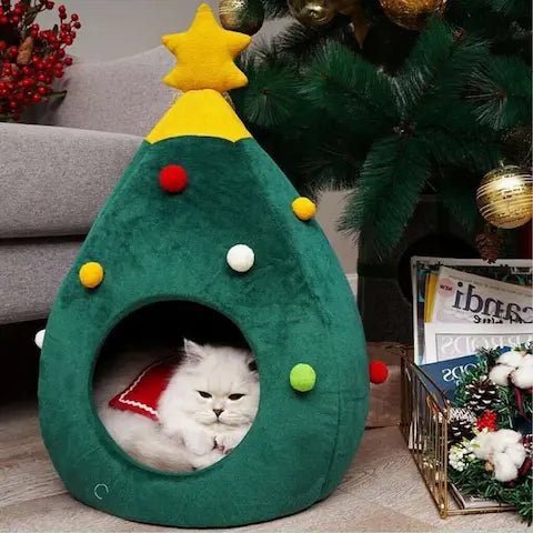 Lit sapin de Noël pour chat avec étoile jaune, couchage festif et douillet