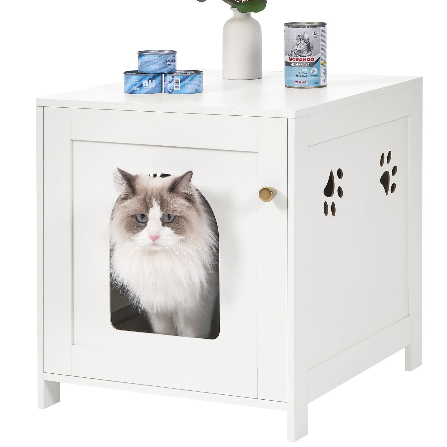 Table d'appoint et bac à litière caché pour chat, parfait pour un intérieur moderne.