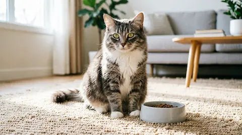 Chat paisible près de sa gamelle de croquettes - conseils digestion féline