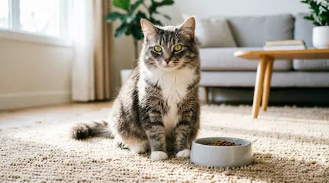 Chat paisible près de sa gamelle de croquettes - conseils digestion féline