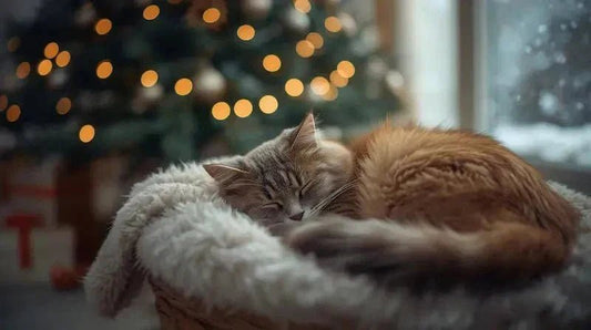 Un chat confortablement endormi dans son panier, illustrant un coin refuge apaisant pendant les fêtes de Noël.