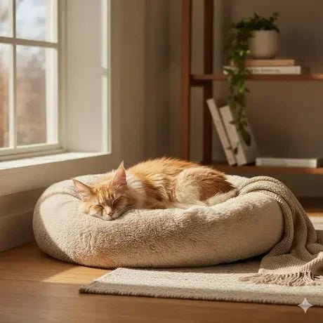 Chat adulte endormi paisiblement dans un couchage douillet Pattes d'Or - Sommeil réparateur et bien-être félin