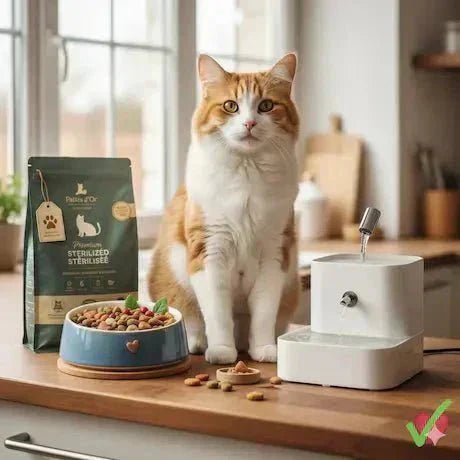 Chat stérilisé, croquettes Pattes d'Or et fontaine à eau pour une alimentation adaptée.