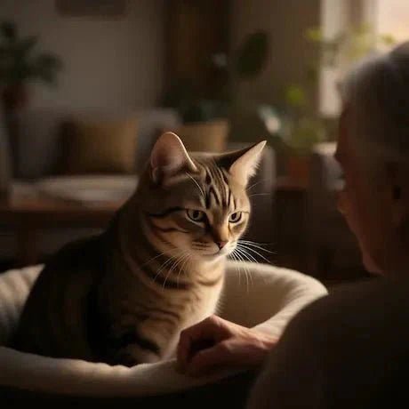 Vieux chat roux blotti contre sa propriétaire dans un moment tendre et mélancolique - Histoire déchirante d'adieu entre un animal et son humain