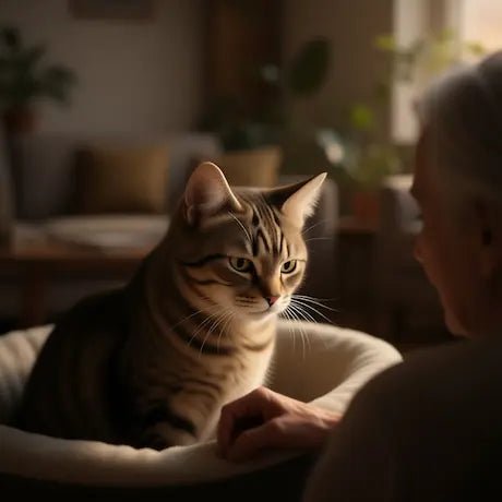 Vieux chat roux blotti contre sa propriétaire dans un moment tendre et mélancolique - Histoire déchirante d'adieu entre un animal et son humain