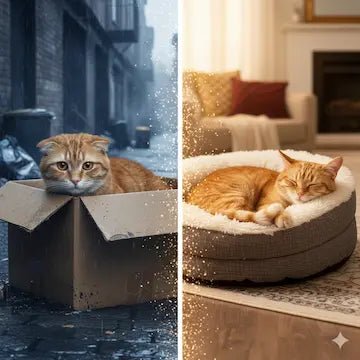 Avant-après chat sauvé : de la rue dans un carton à un couchage douillet en salon - Illustration de l'histoire La Promesse du Carton