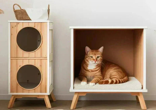Niche d'intérieur beige et moderne pour chat avec chaton roux et blanc endormi dans un salon lumineux. Abri et maison confortable pour félin.
