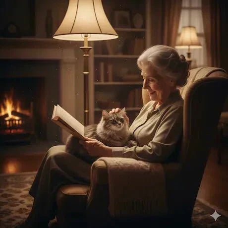 Chat gris blotti contre une personne âgée dans un canapé - Illustration de l'histoire du Secret de Minouchette