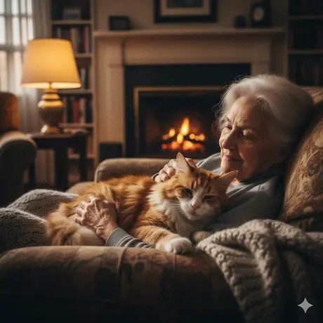 Personne âgée et vieux chat complices sur un canapé - Histoire Nos Vingt Ans Ensemble