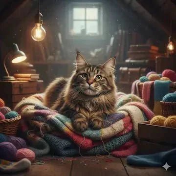 Chat Maine Coon entouré de chaussettes dans son nid secret - Illustration de l'histoire du Voleur de Chaussettes