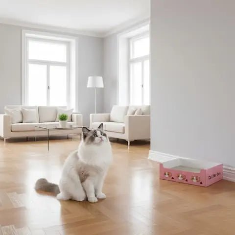 Bac litière jetable bleu, design semi-fermé pour intimité du chat