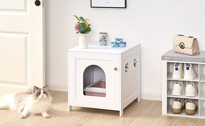 Bac à litière discret pour chat, intégré dans un meuble de design contemporain.