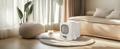 Boîte à litière chat design avec tiroir dans une salle de bain, utilisée par un chaton
