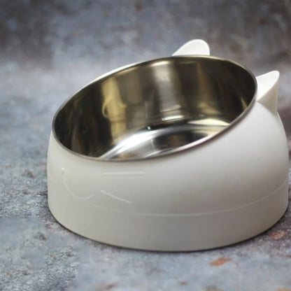 Bol incliné en inox blanc pour chat, antidérapant et surélevé