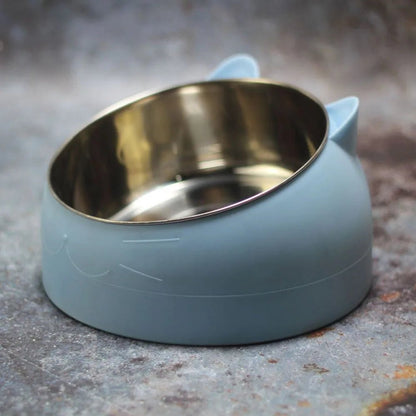 Bol incliné en inox bleu pour chat, antidérapant et surélevé