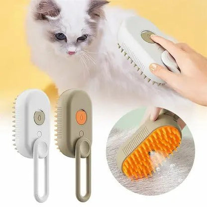 Brosse à vapeur orange et blanc utilisée pour brosser un chat persan gris, poils morts capturés dans le peigne
