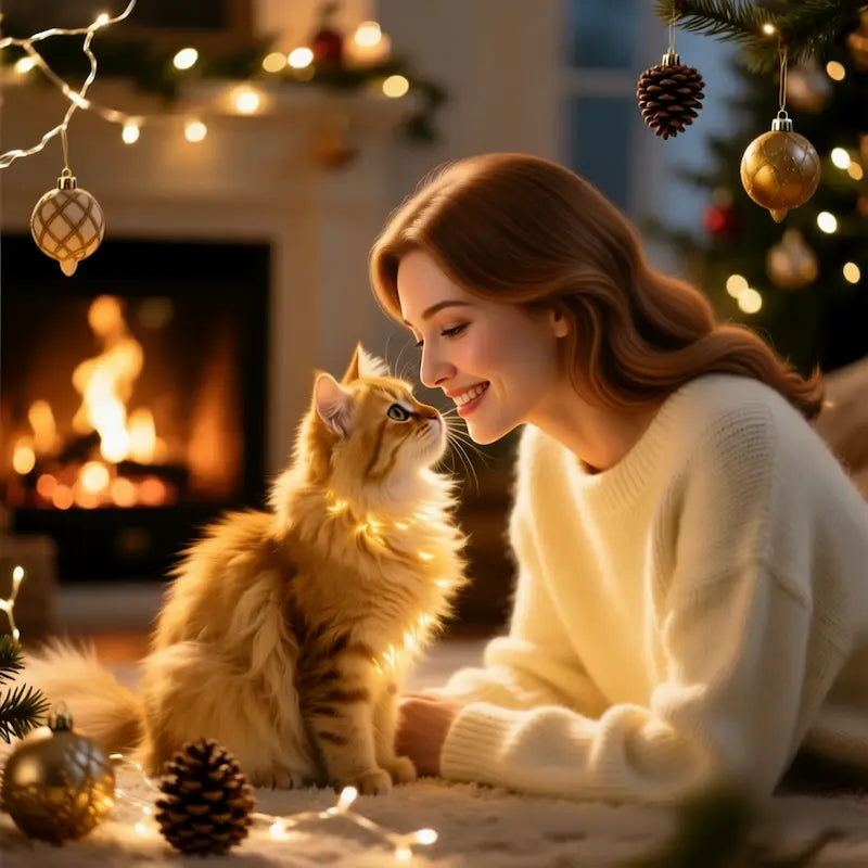Une image photoréaliste et cinématographique qui fait fondre le cœur. Une femme et un magnifique chaton au pelage doré et duveteux se font un câlin, le nez contre le nez, en affichant un sourire de pure complicité. Ils sont entourés de décorations de Noël douces et de lumière chaude. L'émotion et la tendresse sont au centre de l'image. Style : photographie publicitaire émotionnelle pour une marque premium
