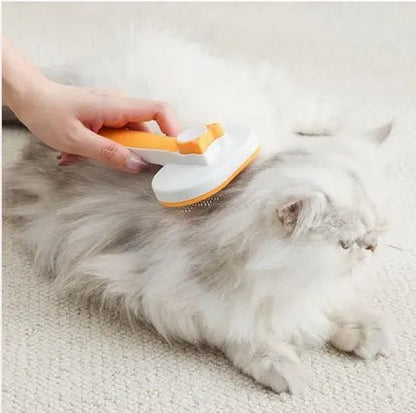 Chat blanc aux longs poils appréciant une séance de massage avec une brosse auto-nettoyante, moment de détente et complicité