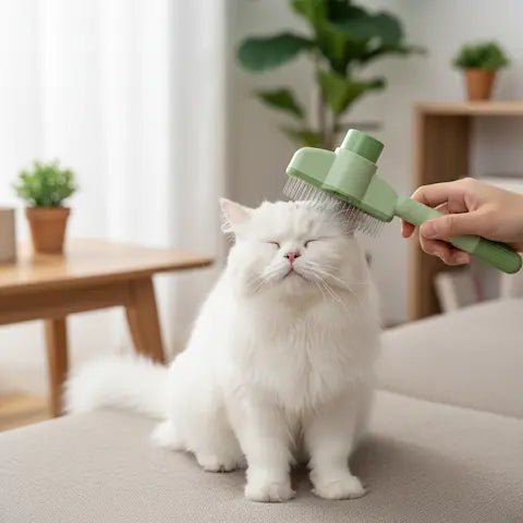 Chat blanc brossé doucement sur un canapé blanc, main de son propriétaire tenant une brosse argentée