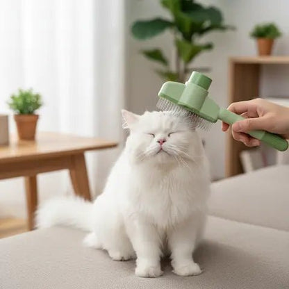 Chat blanc brossé doucement sur un canapé blanc, main de son propriétaire tenant une brosse argentée