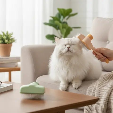 Chat blanc brossé doucement sur un canapé blanc, main de son propriétaire tenant une brosse argentée