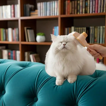 Chat blanc brossé tendrement sur un canapé bleu, moment de complicité avec son propriétaire