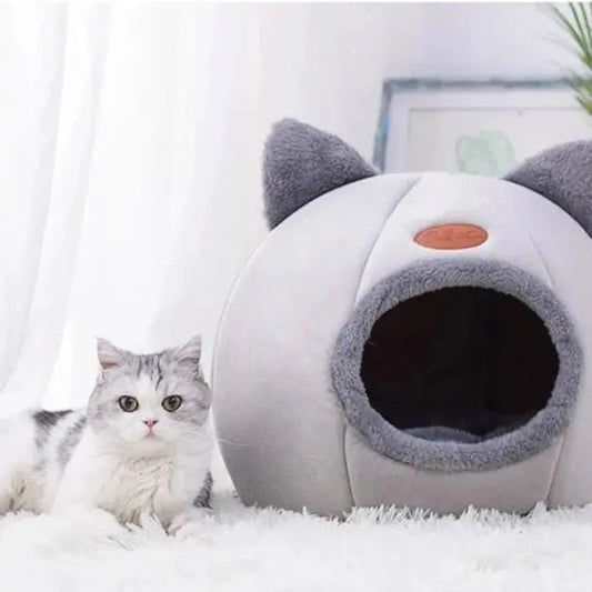 Chat confortable dans sa niche tête de chat - température idéale toute l'année