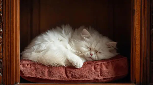 Chat British Shorthair gris ronronnant de bonheur, blotti dans un panier douillet beige - Illustration du confort félin offert par Pattes d'Or