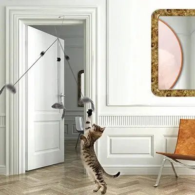 Chat jouant avec une souris suspendue à une porte