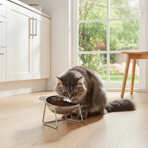 Chat tigré mangeant confortablement dans une gamelle inclinée 15° en acier inoxydable, posée dans un salon lumineux avec canapé beige