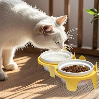 un chat mangeant confortablement dans la gamelle surélevée en céramique inclinée à 15 degrés
