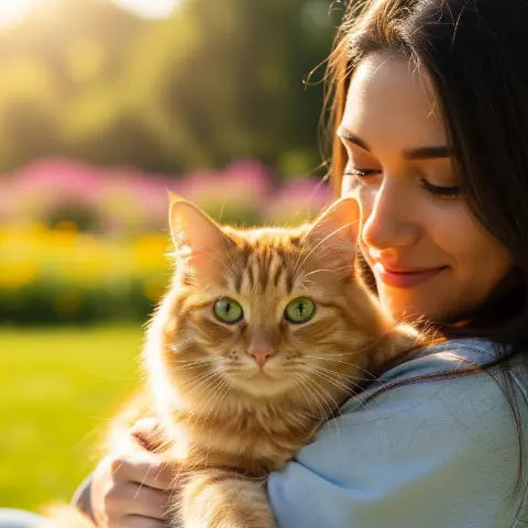 Chat roux aux yeux verts tenu par une femme souriante, illustrant le bien-être et les accessoires pour chats de Pattes d'Or