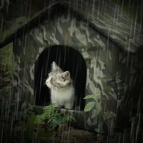 Chat en sécurité dans abri extérieur - refuge contre intempéries